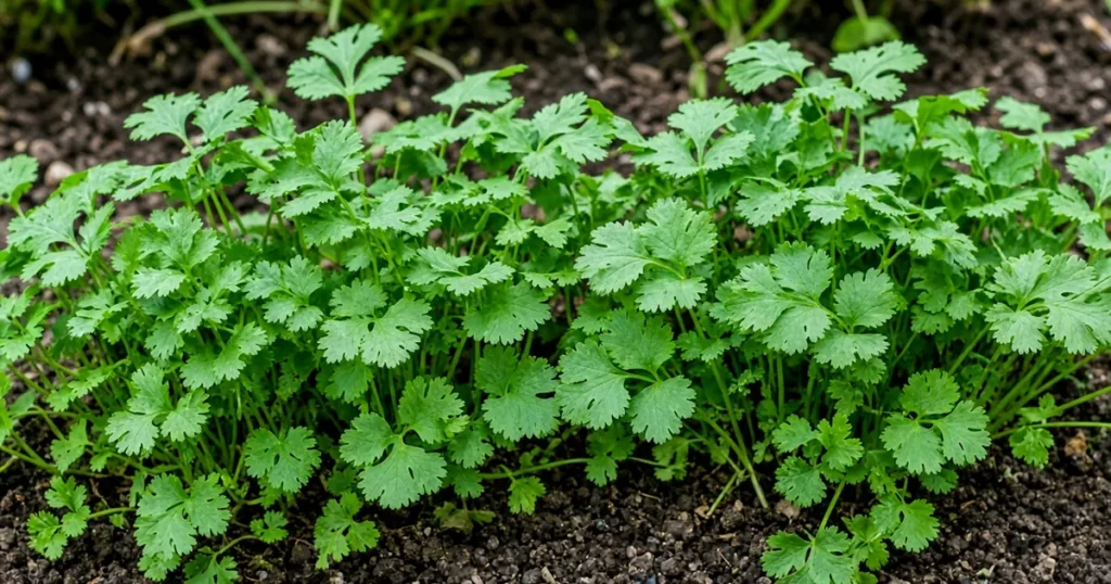 Cilantro leaves in a garden bed