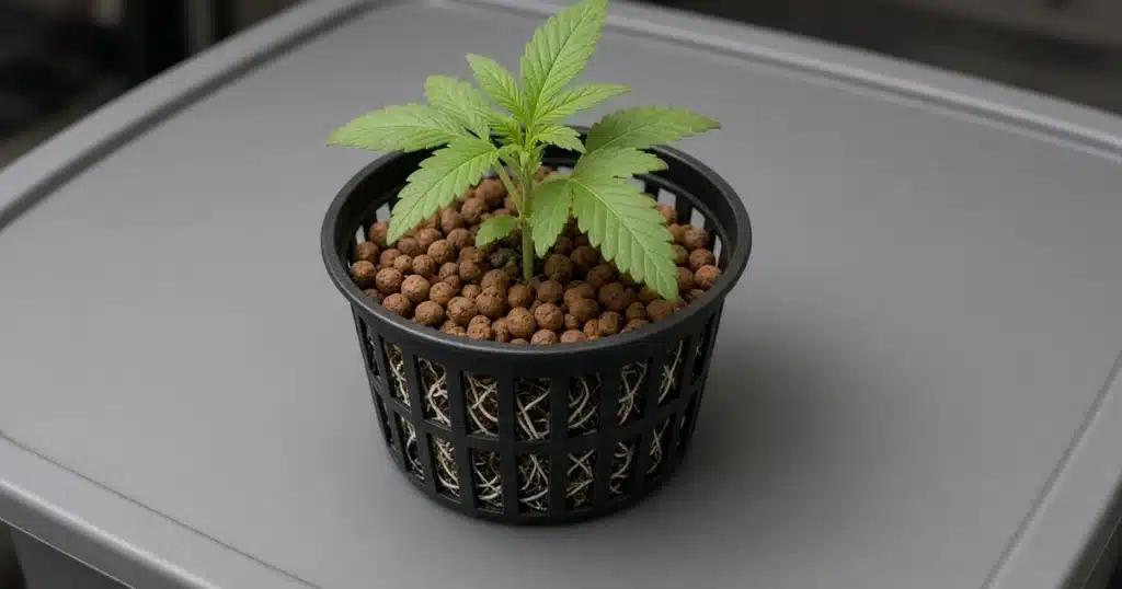 Round brown clay pebbles filling a black net pot with a cannabis seedling, set on a hydroponic reservoir lid