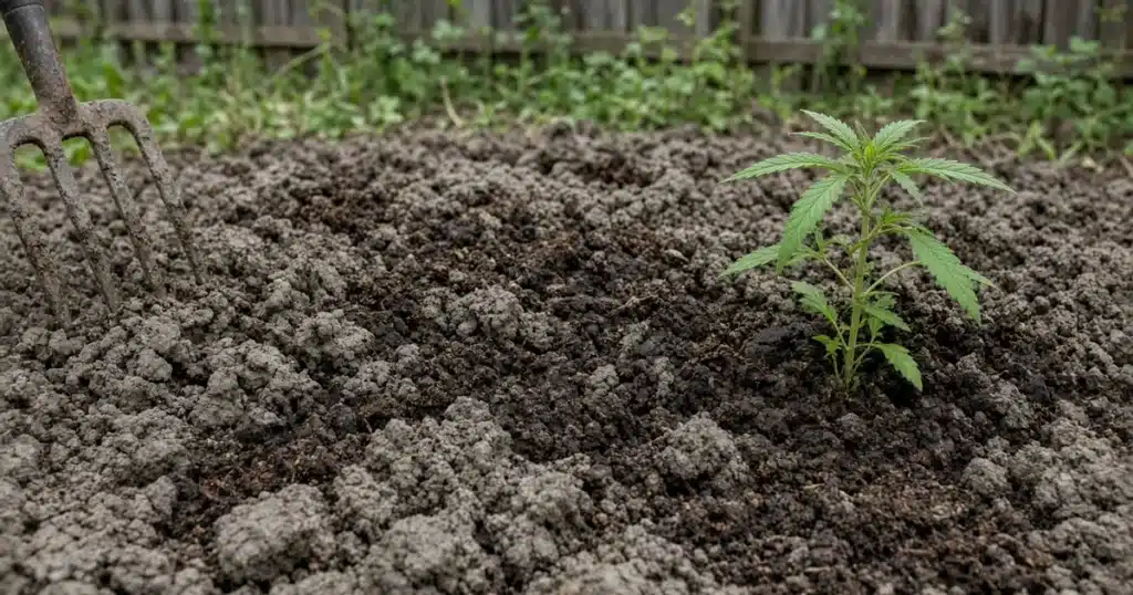 Cannabis plant growing outdoors in heavy clay soil with compost worked into the bed
