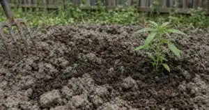Cannabis plant growing outdoors in heavy clay soil with compost worked into the bed