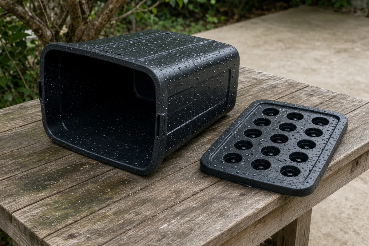 Clean empty hydroponic tote drying on a bench
