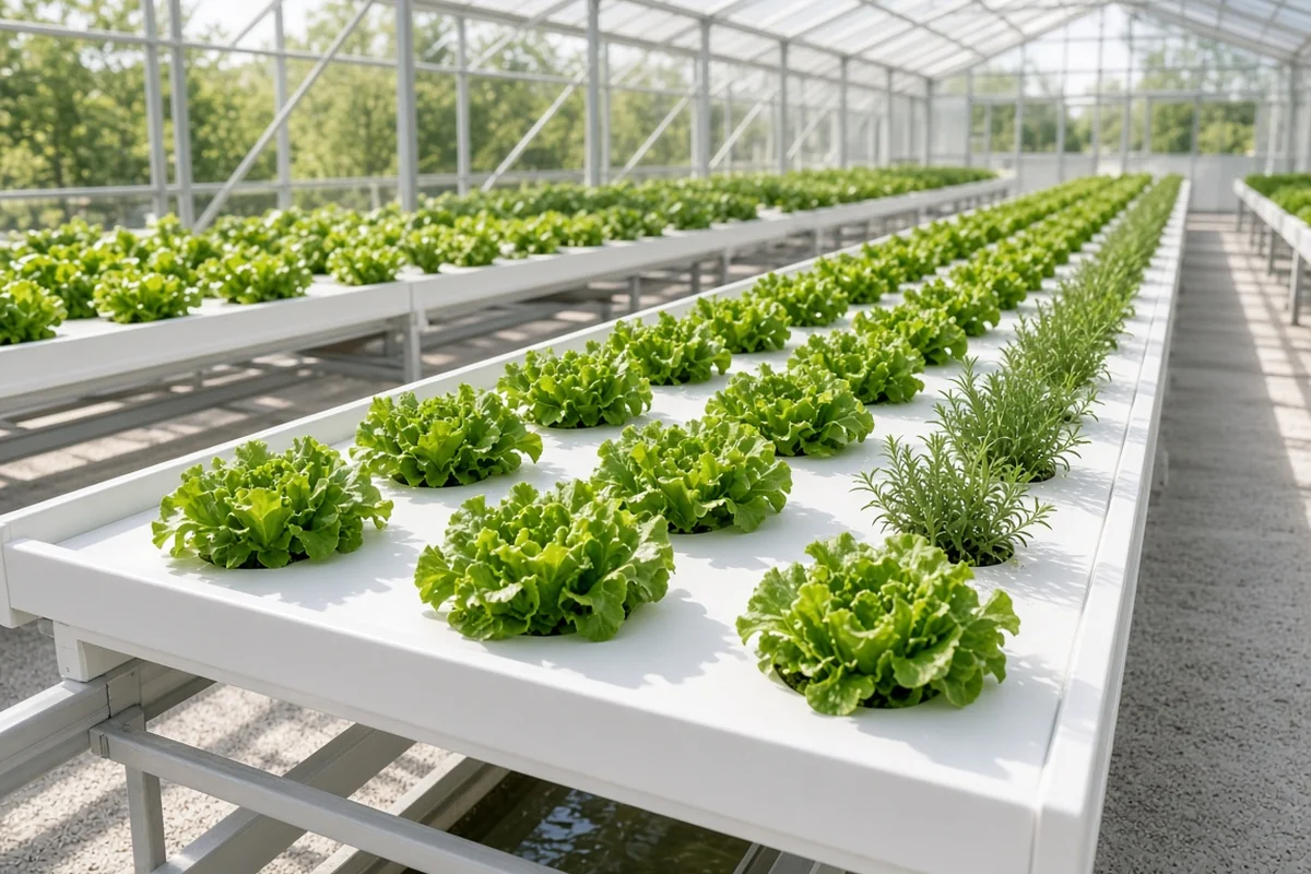 Clean hydroponic channel with leafy greens
