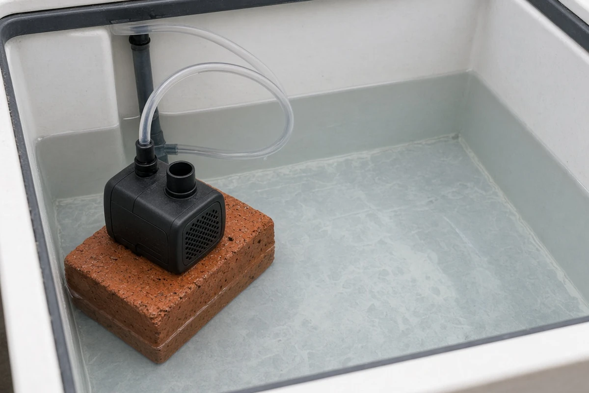Clean hydroponic reservoir with a pump raised off the floor