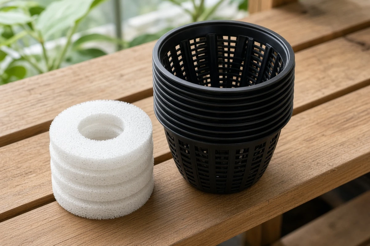 Clean net cup inserts stacked on a shelf