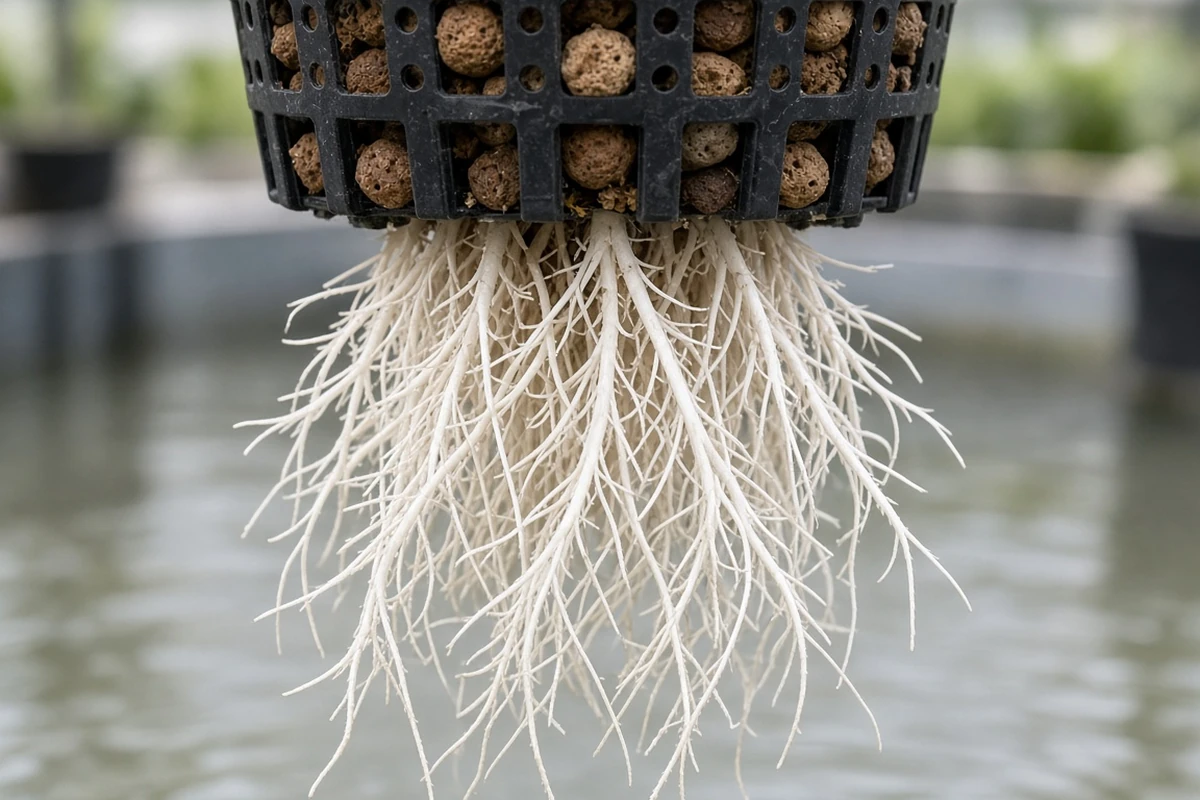 Clean white roots below a net pot