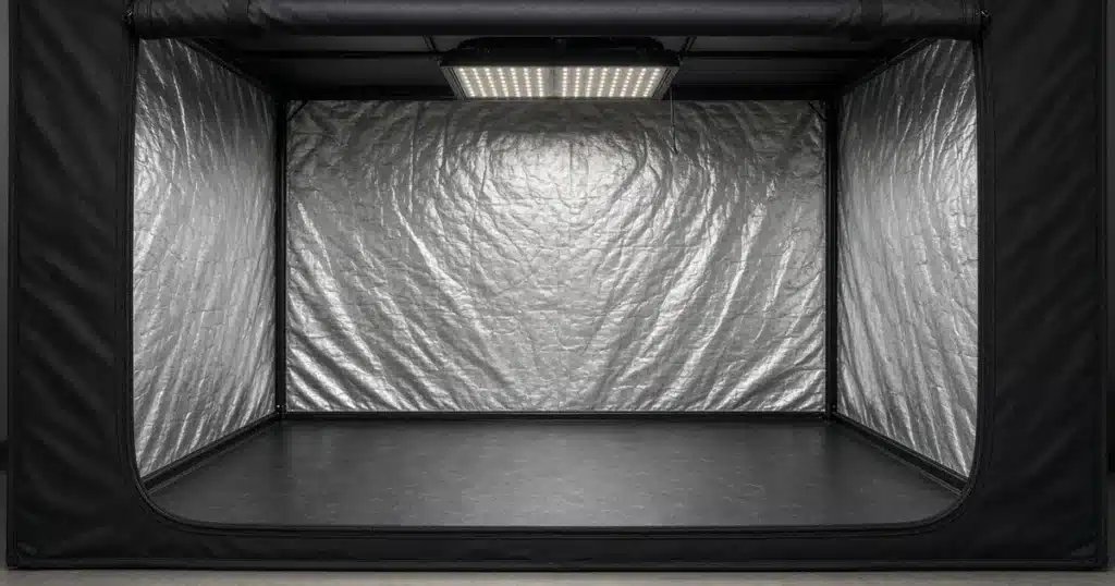Empty grow tent with clean reflective walls and floor ready for the next round of cannabis plants
