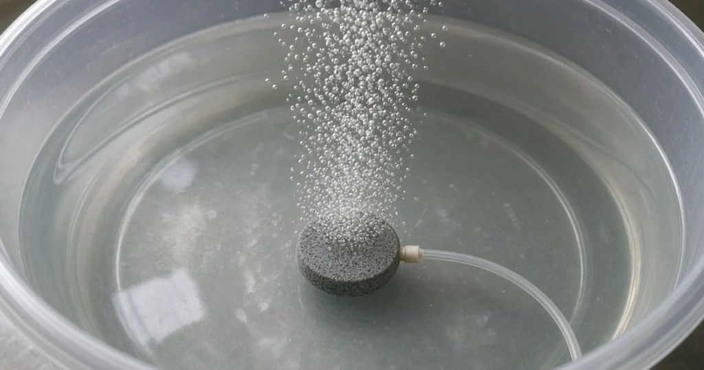 Air stone bubbling in a clear tub of water