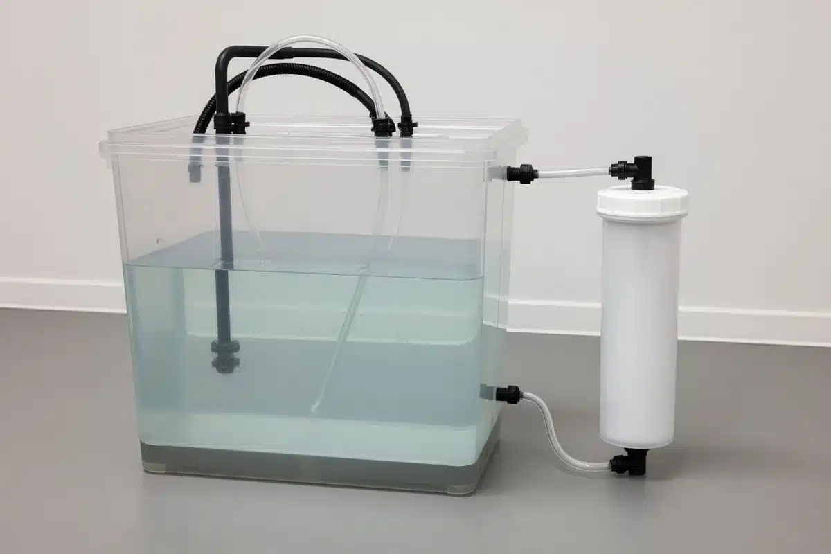 Clear hydroponic reservoir with tubing and a filter