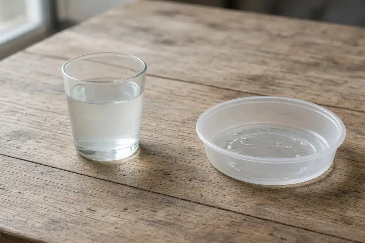 A clear unmarked cup of drained water beside an empty pot saucer on a plain bench