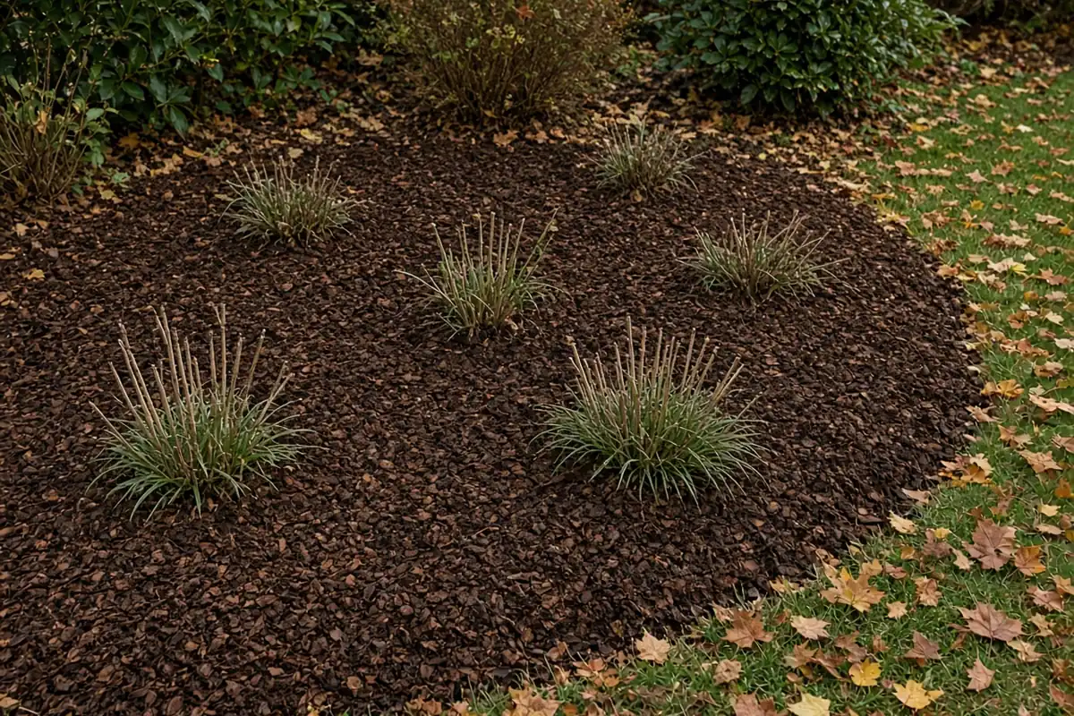Cleared bed with mulch after fall cleanup