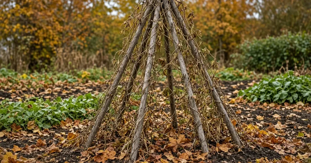 Bean poles with dry vines in a fall garden