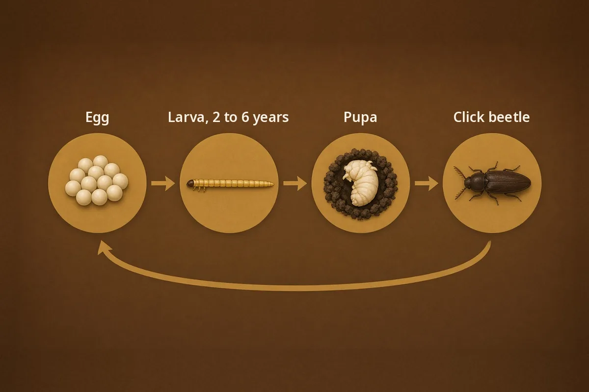 Diagram of the click beetle life cycle: egg, multi-year larva, pupa and adult beetle