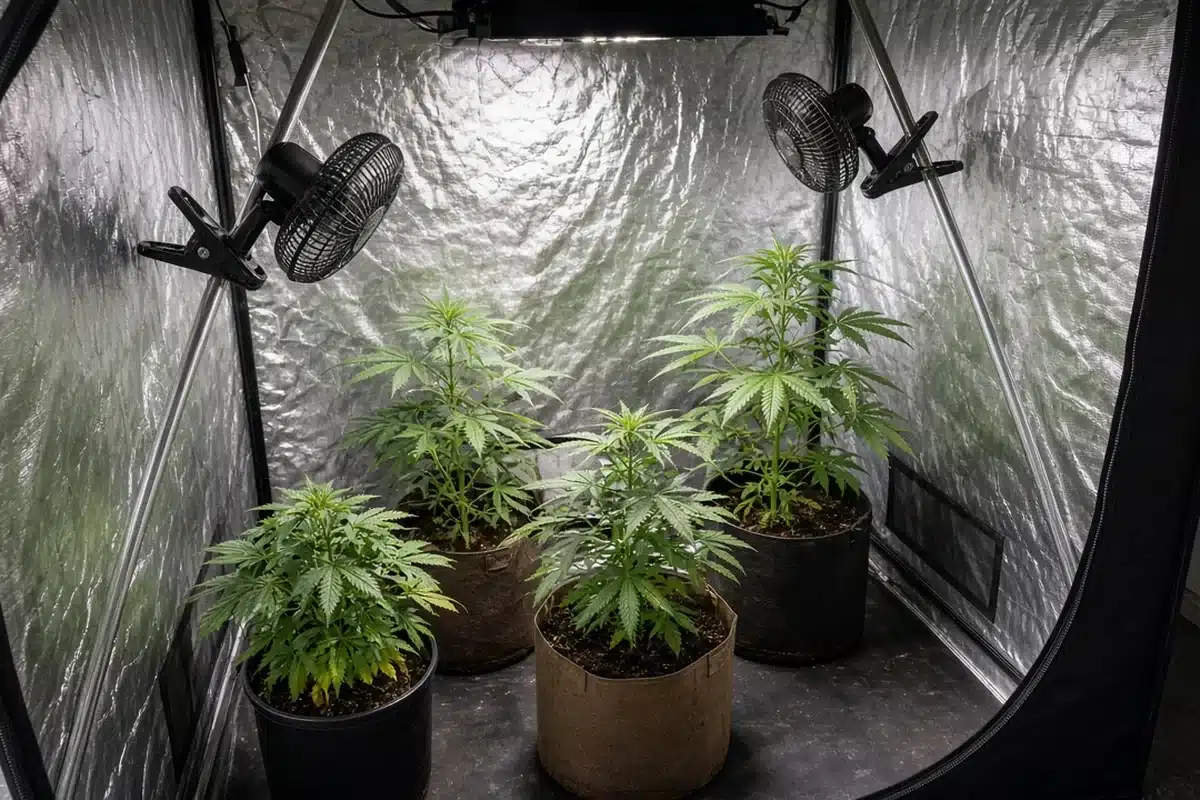 Two clip fans on opposite tent poles aimed across cannabis plants in a grow tent