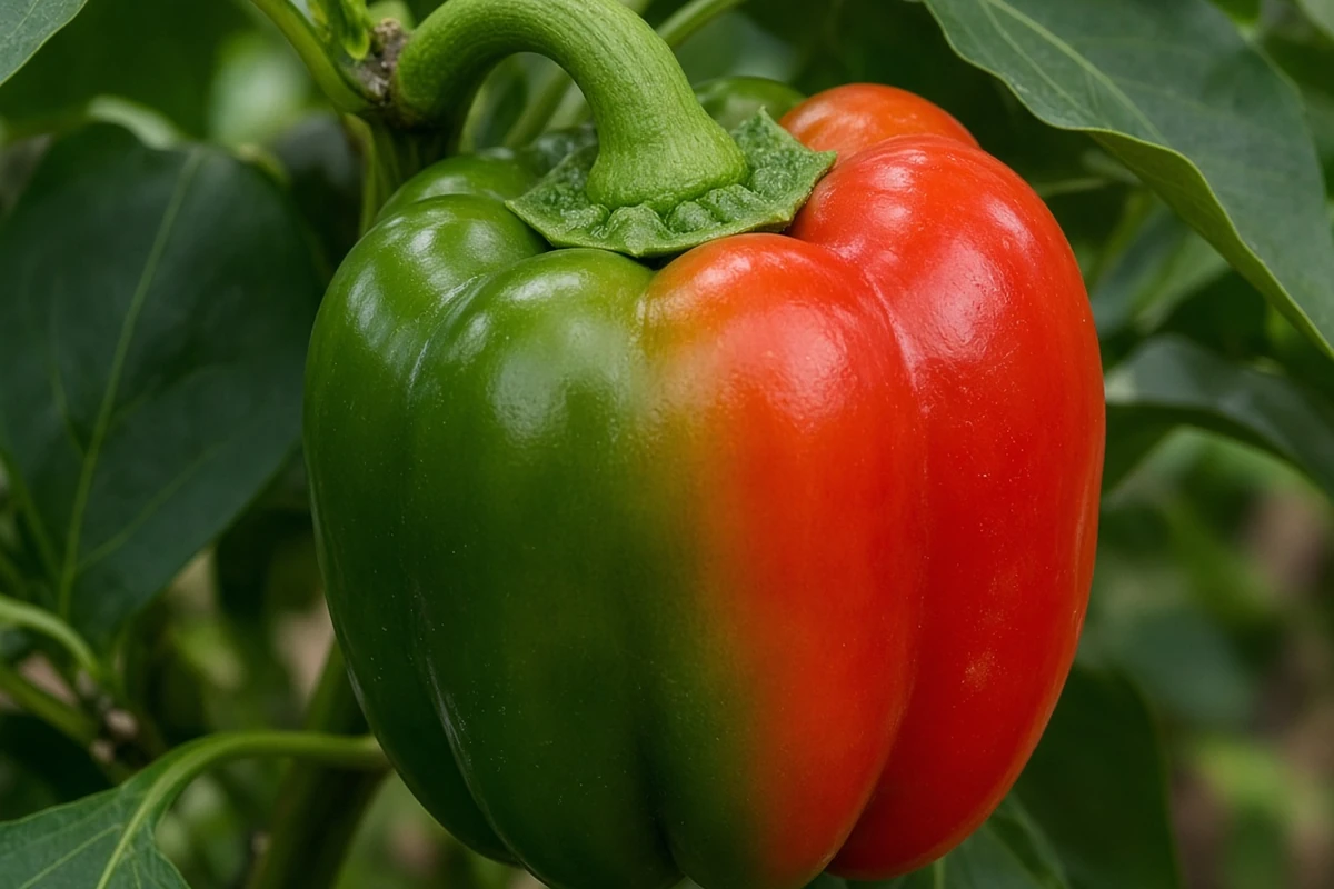 Close view of a bell pepper turning from green to red on the plant