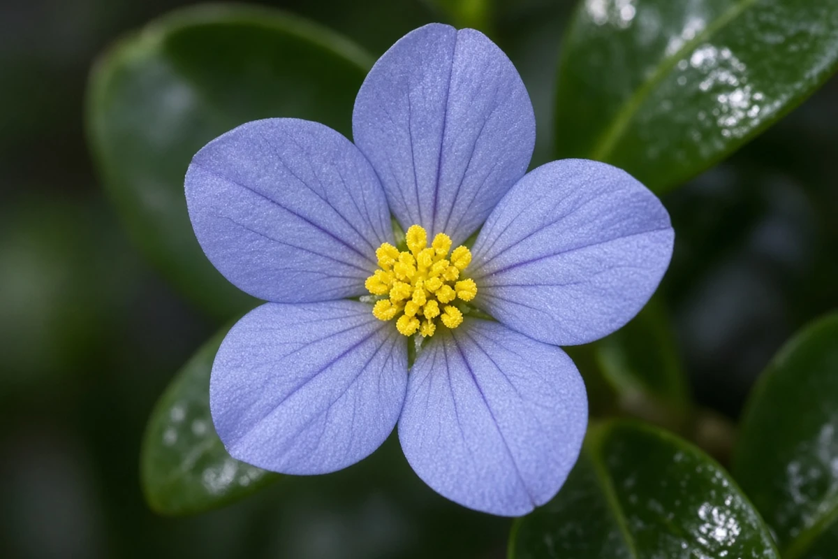 Close view of a blue exacum flower with a yellow center