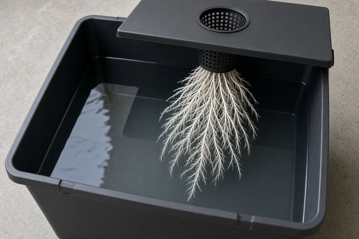 Close view of a clean black reservoir wall with roots in clear water