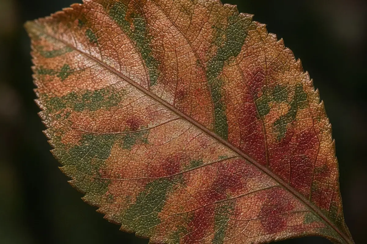 Close view of a copper colored mottled leaf