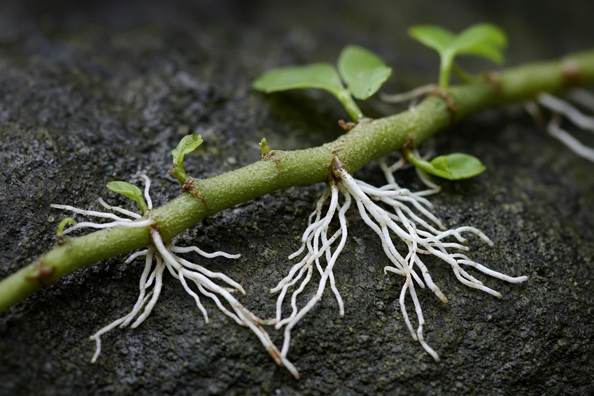 Close view of a creeping rhizome with fine roots