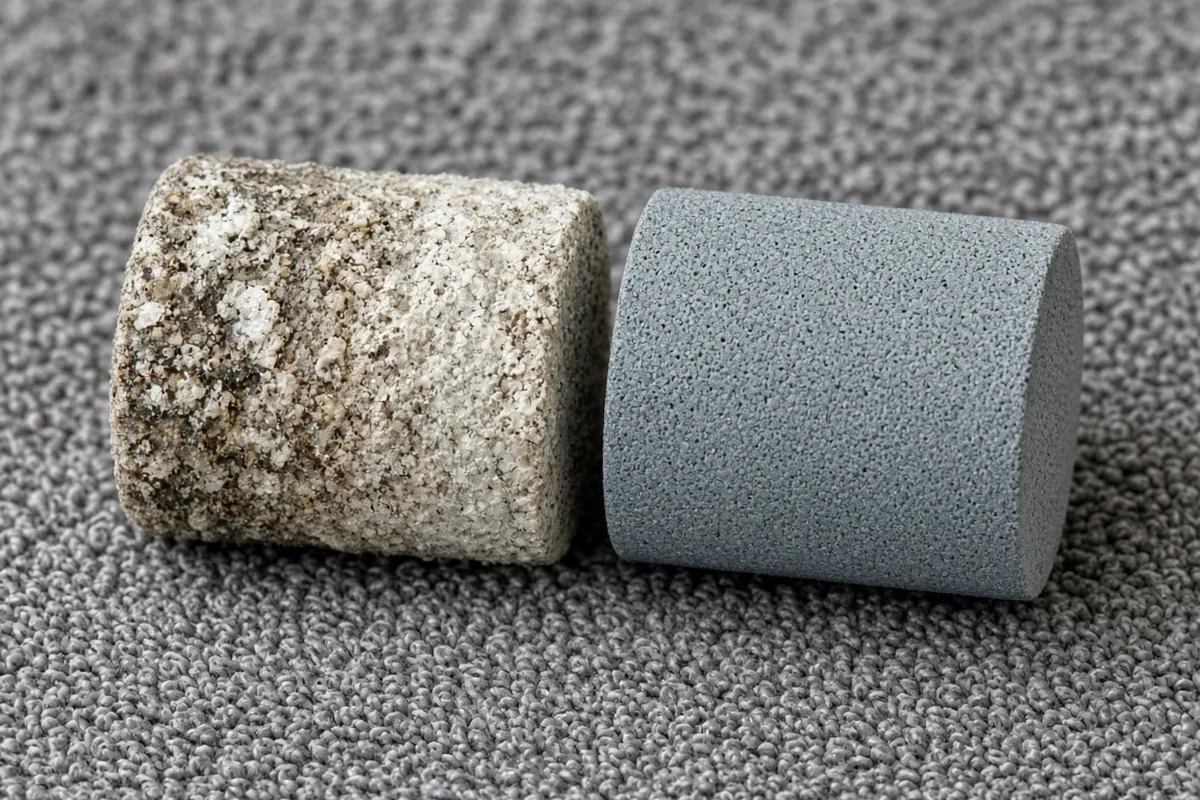 Close view of a crusted air stone beside a clean one