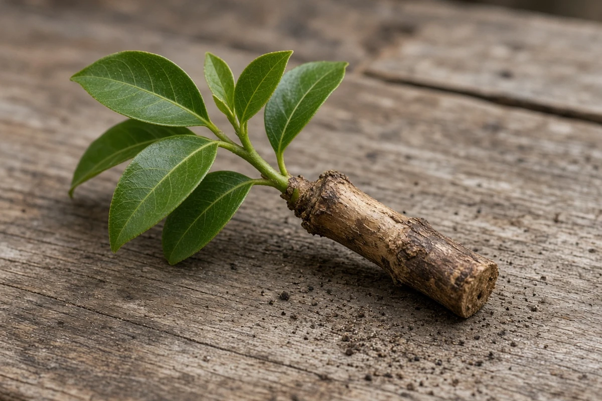 Close view of a cutting with a short piece of old stem at its base