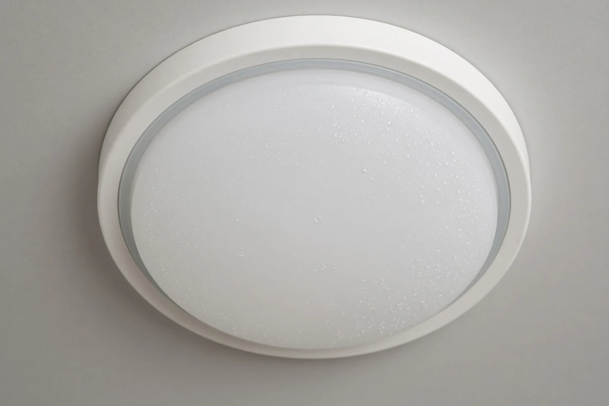 Close view of a damp rated LED fixture