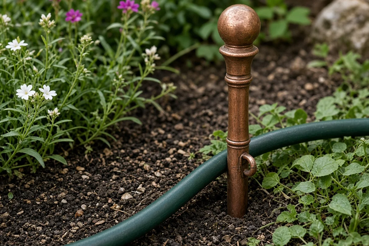 Close view of a decorative hose guide at a bed corner