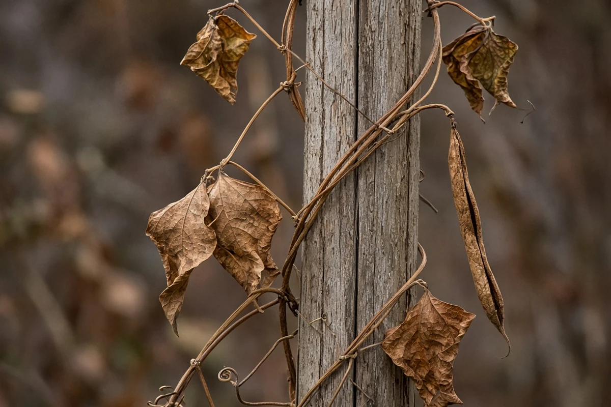 Close view of a dried bean vine wrapped on a pole