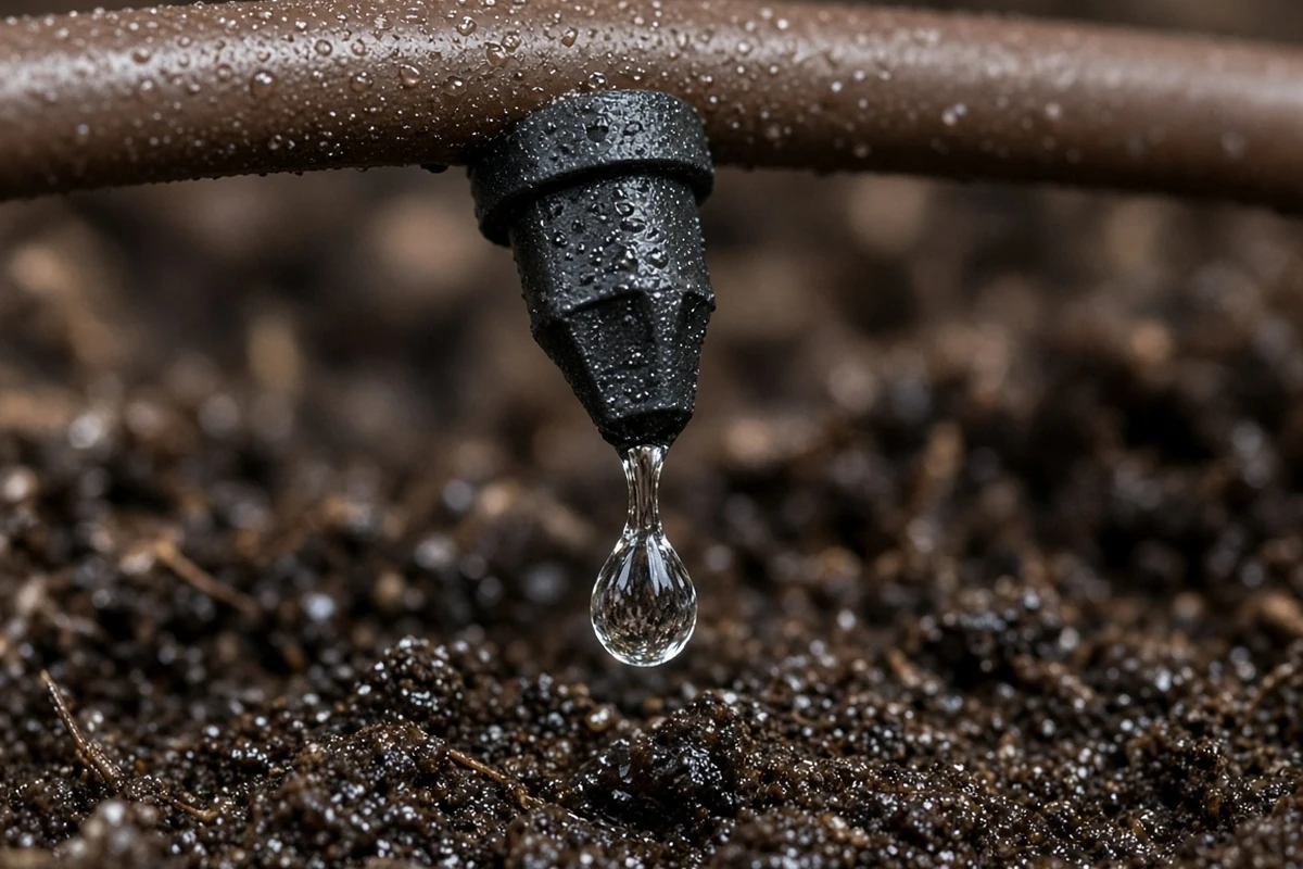 Close view of a drip emitter watering soil