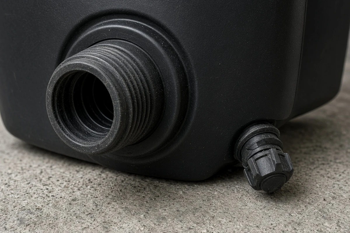 Close view of a dry fitting on a reservoir drain