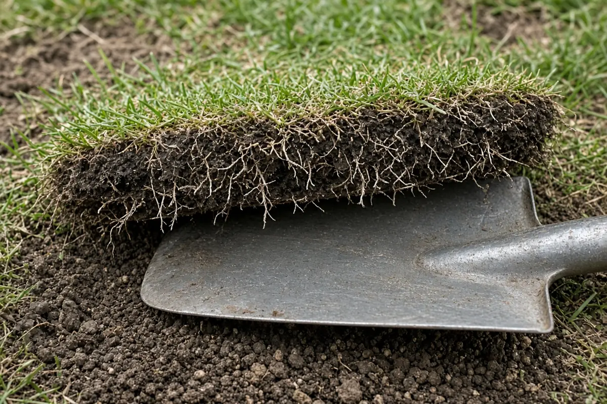 Close view of a flat spade sliding under turf roots