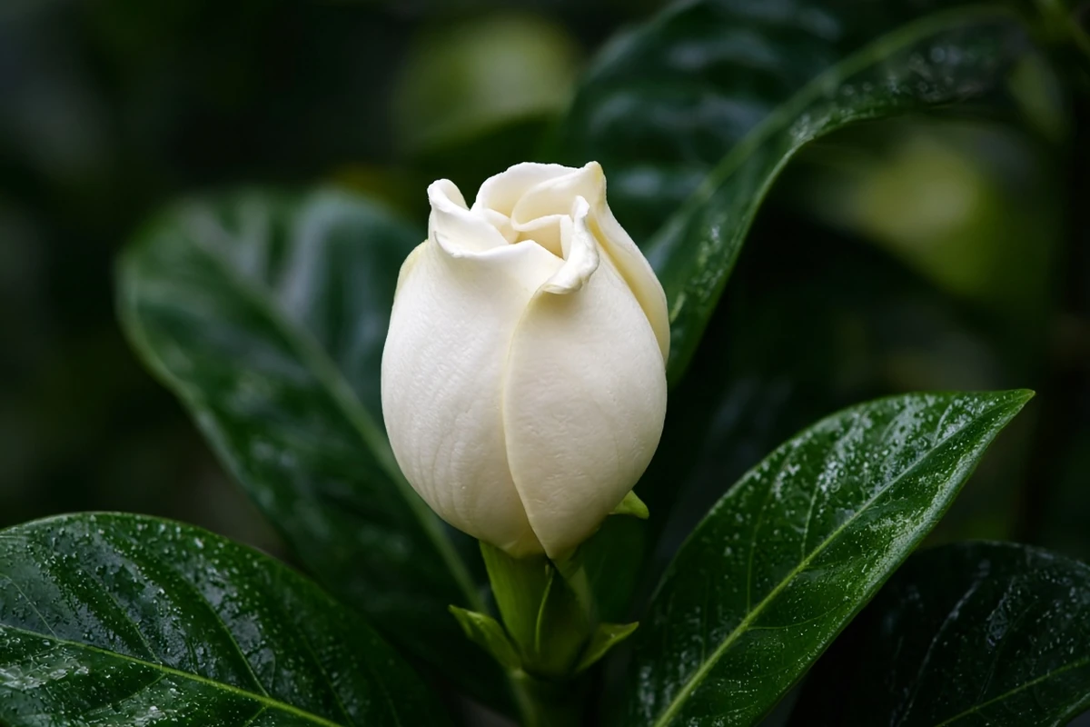 Close view of a gardenia bud near opening