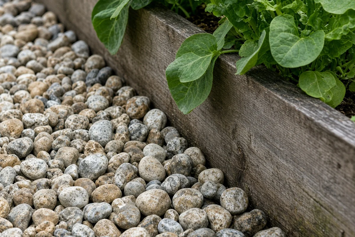 Close view of a gravel path edge beside a bed