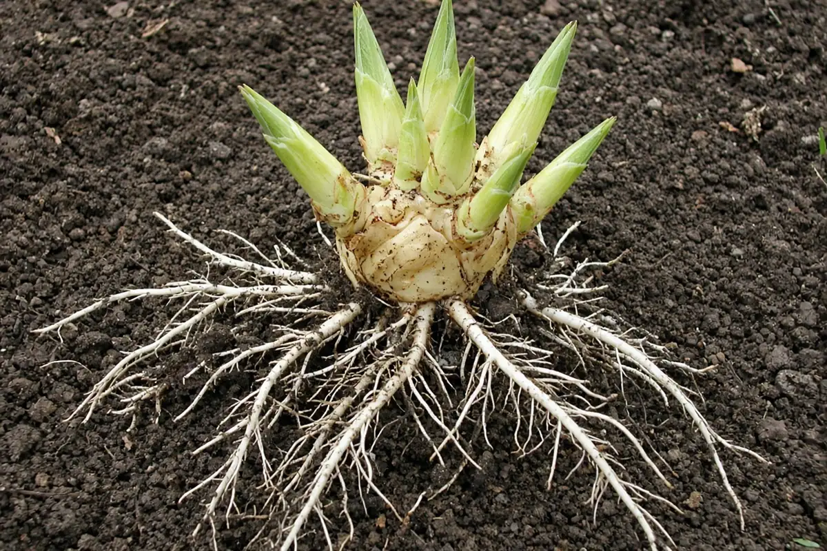 Close view of a hosta division with shoots and roots