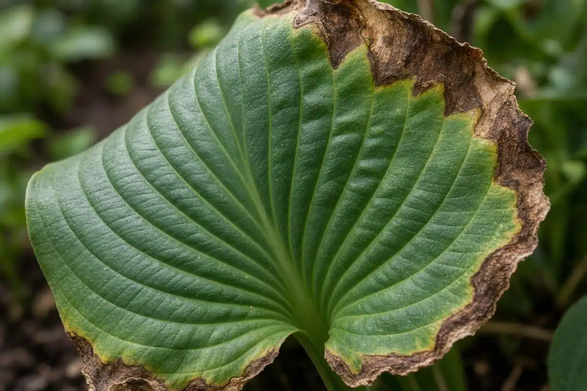 Close view of a hosta leaf with scorched edges