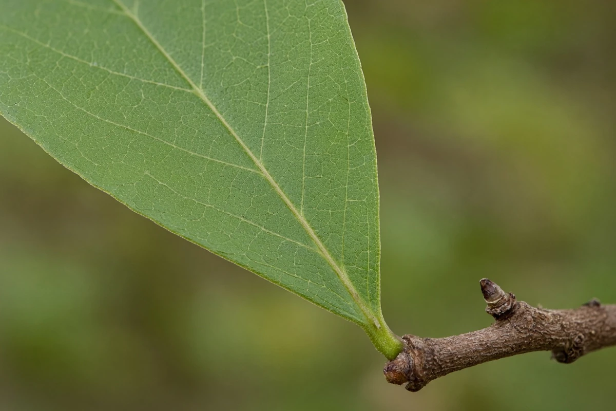 Close view of a leaf base tapering to the stalk