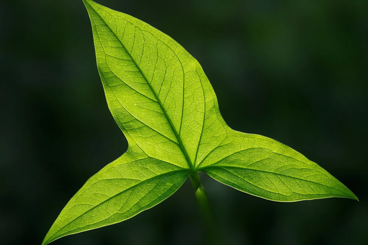 Close view of a leaf with two backward pointing lobes