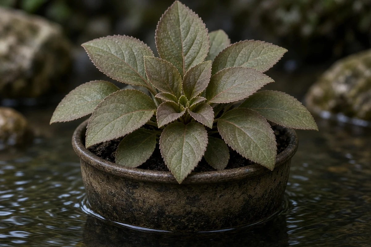 Close view of a lobelia rosette at the water line