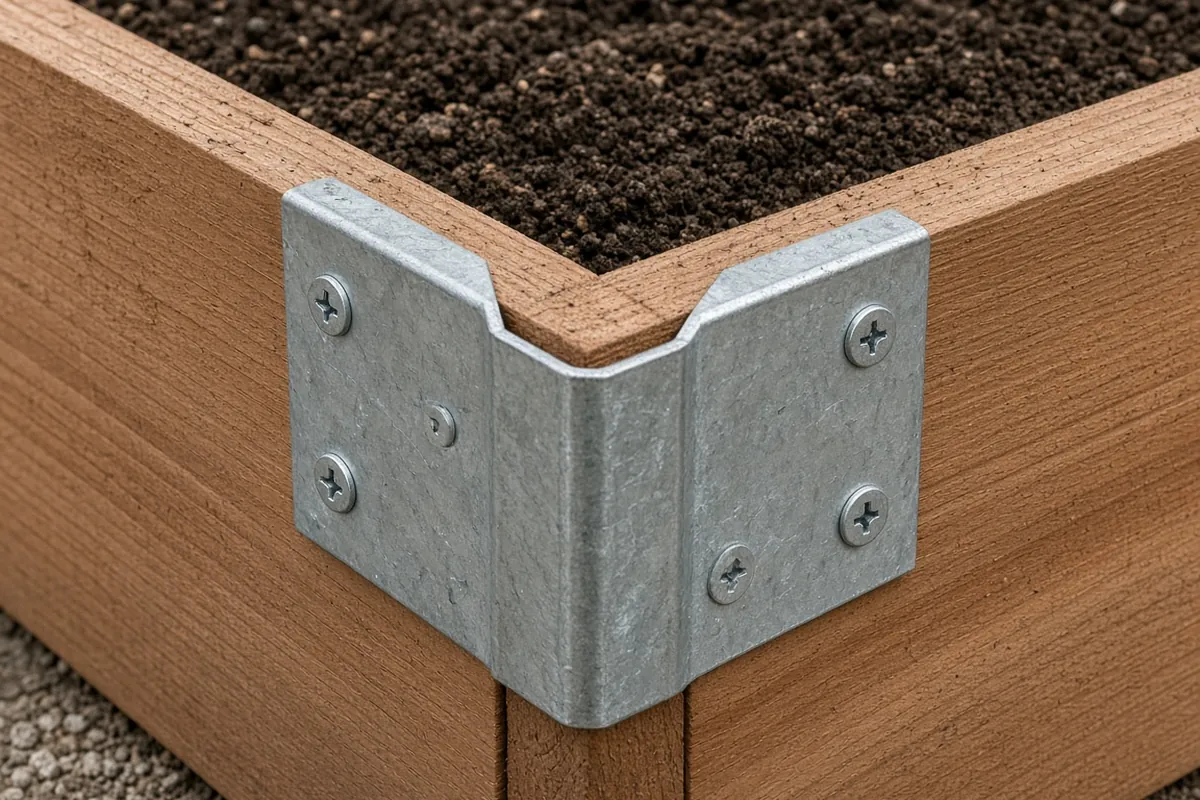 Close view of a metal corner bracket on a bed