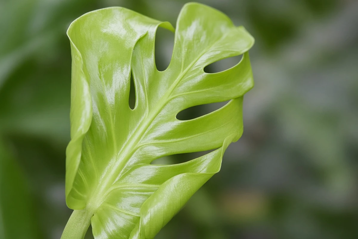 Close view of a new monstera leaf with first splits