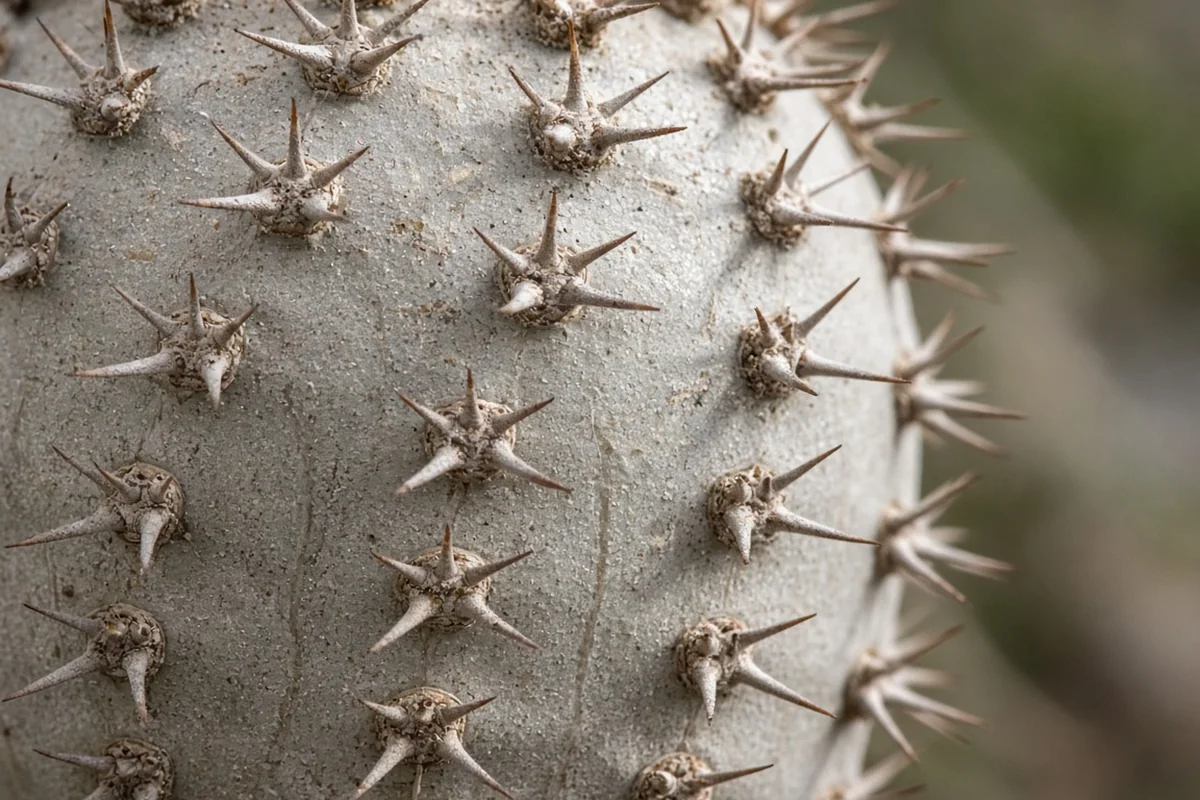 Close view of a pale gray trunk with clustered spines
