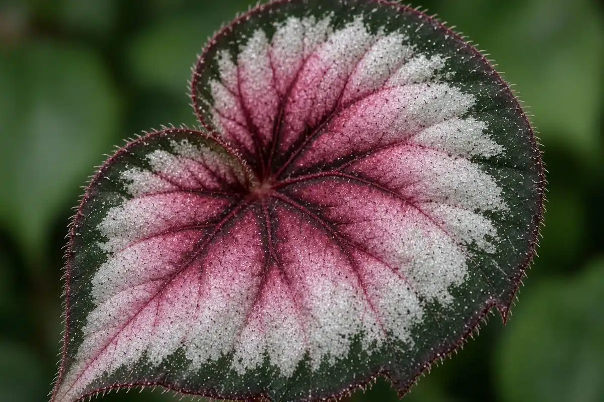 Close view of a patterned rex begonia leaf