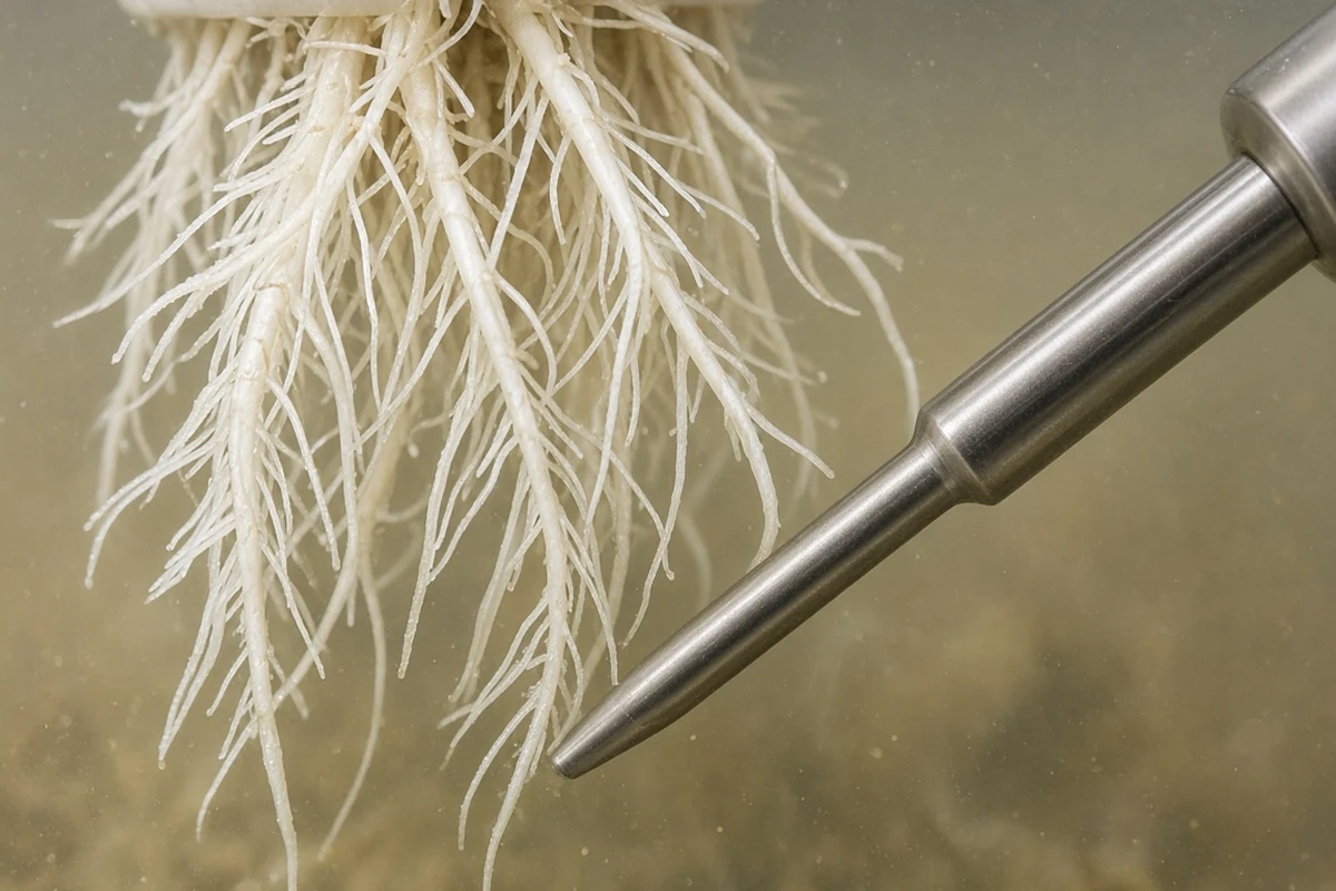 Close view of a probe tip in nutrient solution near roots