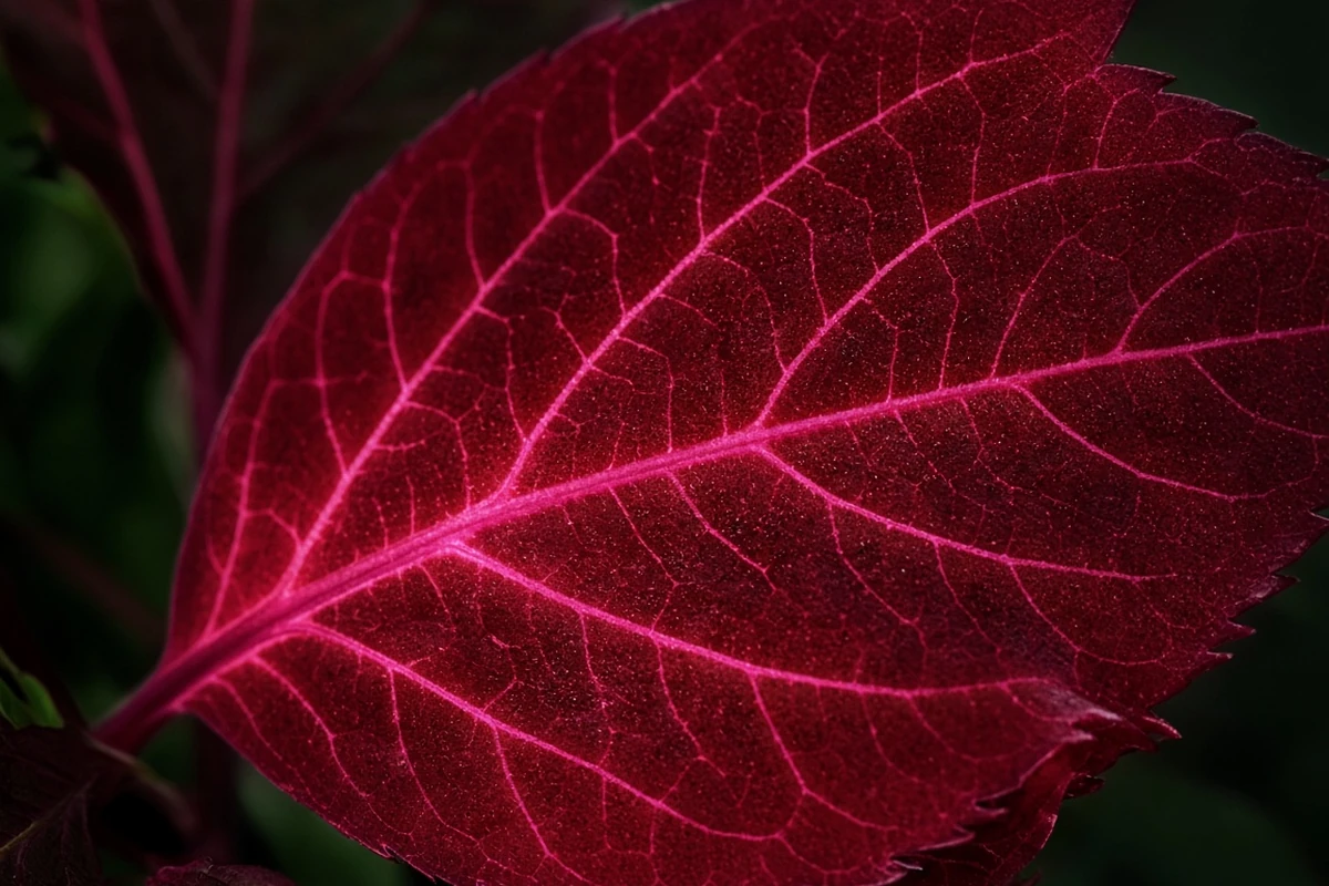 Close view of a red leaf with pink veins