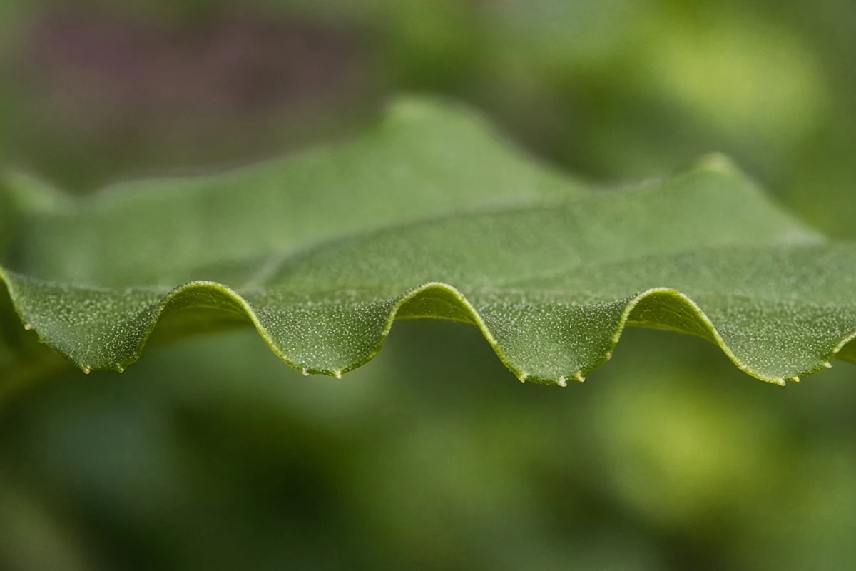 Close view of a rippled leaf margin seen from the side