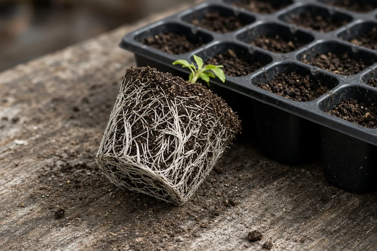 Close view of a root bound plug lifted from its cell