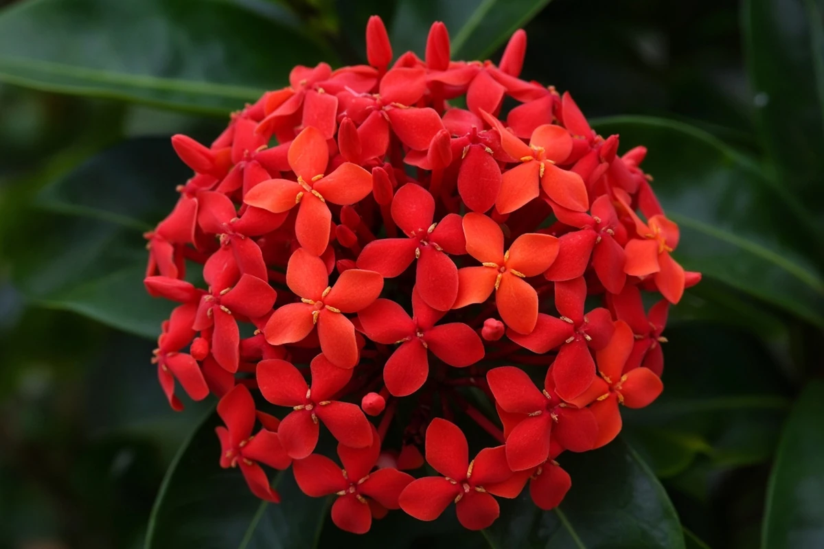 Close view of a round ixora flower cluster
