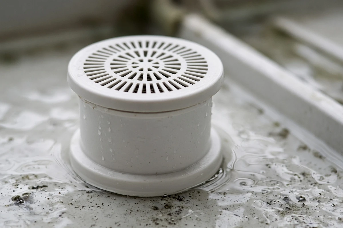 Close view of a screened overflow fitting