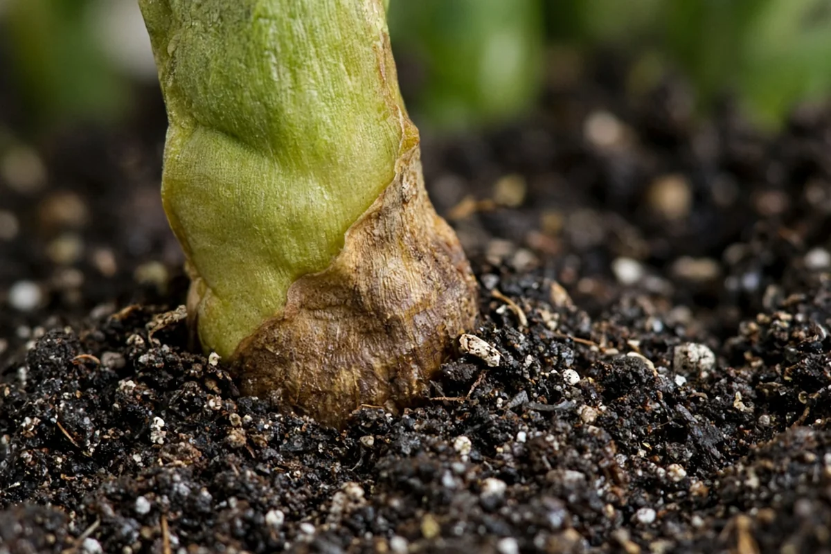 Close view of a soft leaf base at the soil line