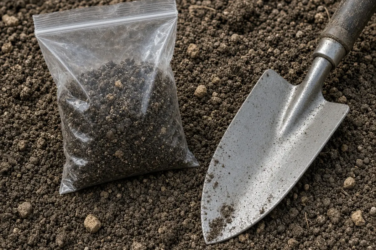 Close view of a soil sample bag and trowel