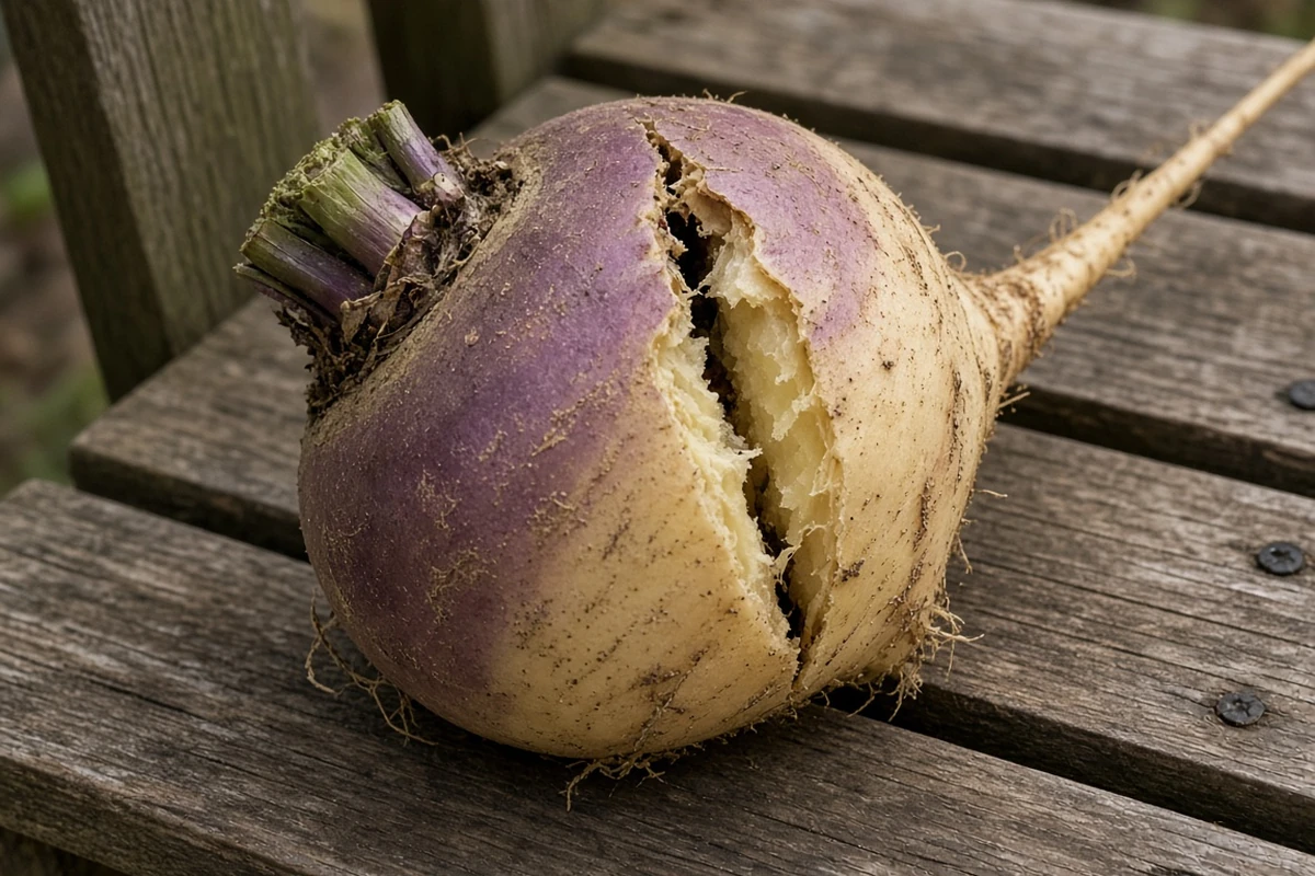 Close view of a split purple and cream root on a wooden bench